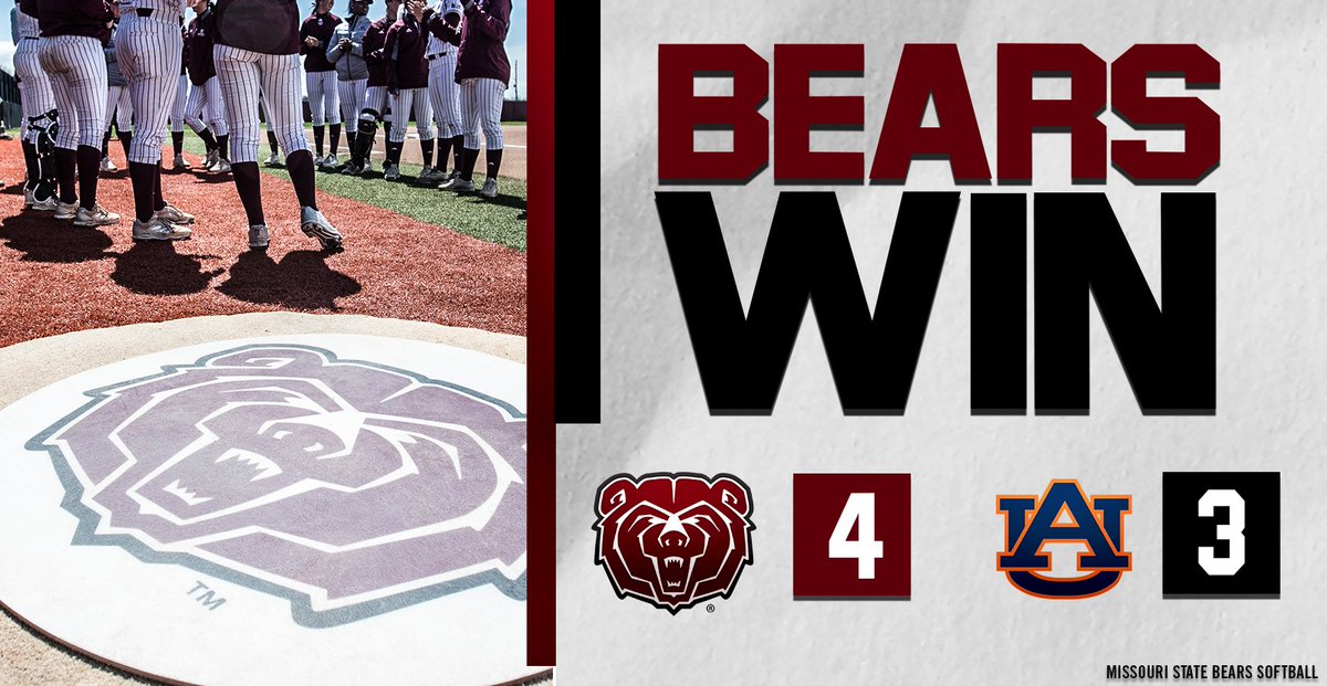 MoStateSoftball's tweet image. Plummer over to Hunsaker and BEARS WIN!!!!! #MSUBears upset No. 16 ranked Auburn 4-3 !!!