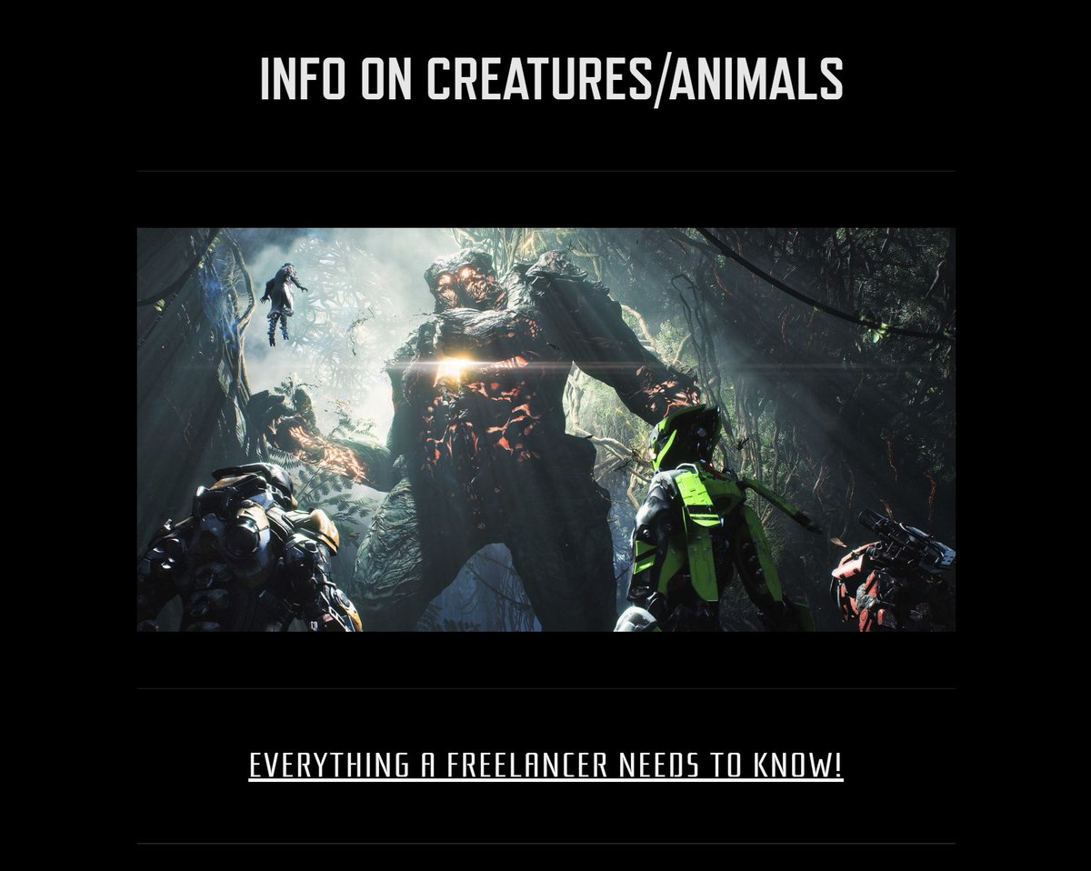 AnthemOutpost's tweet photo. Hey Freelancers!

Come and check out the TOTALLY revamped "Creatures" section on https://t.co/ABw8sHtrOT, HQ of Anthem's FIRST Guild Family, The Coalition of United Freelancers (CoUF)! 

https://t.co/zMqyf1z46z

#AnthemGame #AnthemOutpost #Bioware #CoUF https://t.co/tOv0ns5Wkc