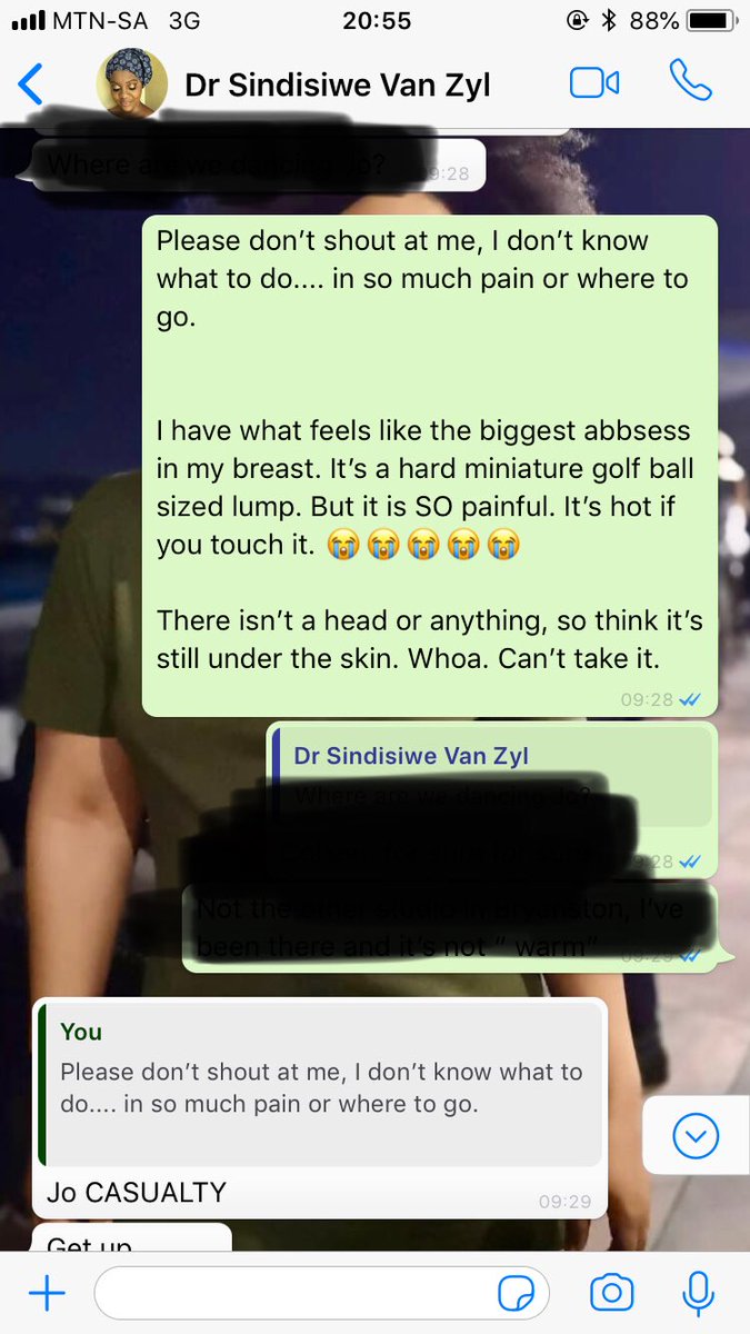 The morning of New Year’s Day I woke up in so much pain I could barely breathe, a swollen, red and hot when you touched it, as well as what felt like a golf ball sized lump was present in my breast. I immediately WhatsApp’ed  @sindivanzyl described to her what was happening