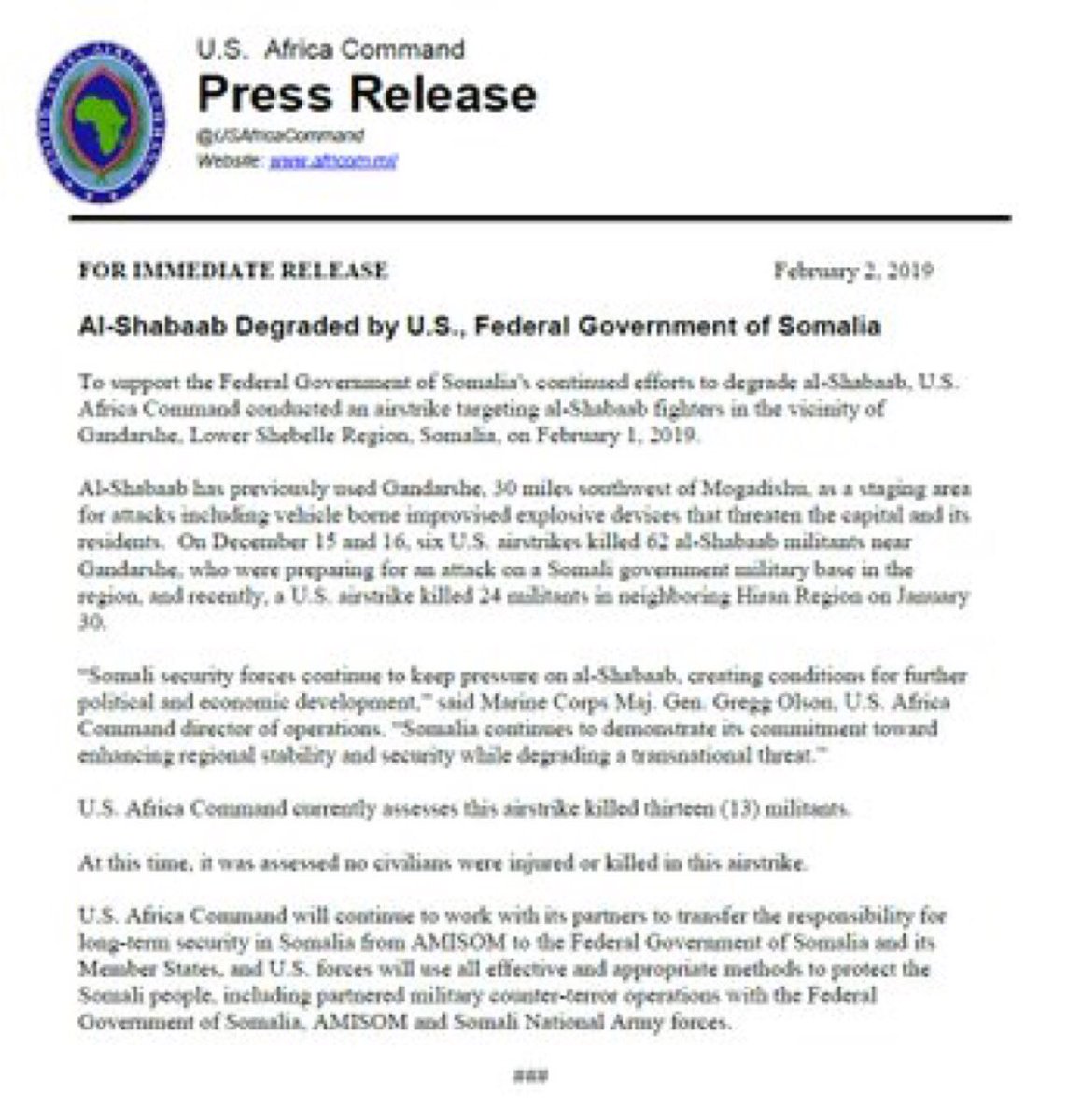 BREAKING: U.S. military says new airstrike at Gandarshe Mogadishu killed 13 Al-Shabaab militants, Friday. Gandarshe, south of Mogadishu is used by Al-Shabaab as a staging area for attacks, per <a href="/USAfricaCommand/">U.S. Africa Command (AFRICOM)</a>. This is strike #10 by the U.S. this year against Al-Shabaab.