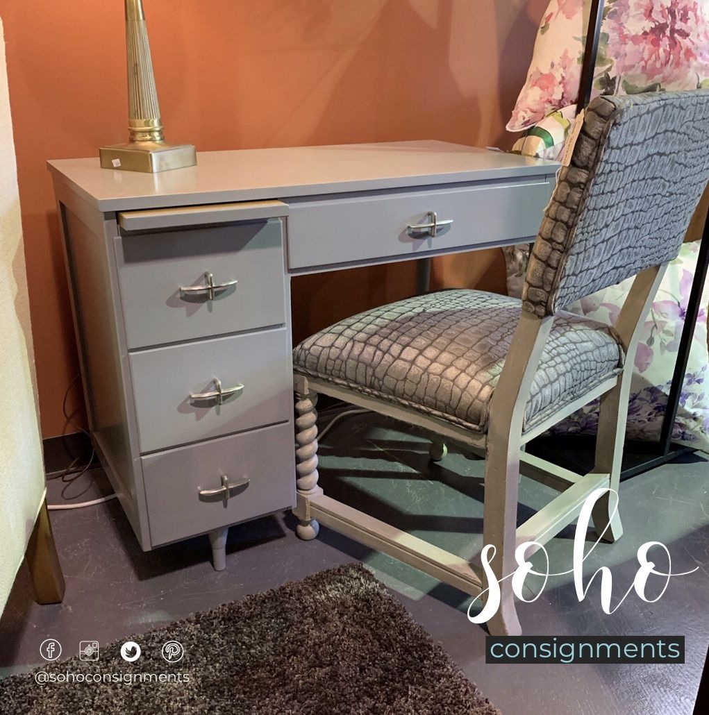 sohoconsignment's tweet image. Check this cutie-patoot little desk.  This little lady is a tucker...tuck it right into that small space you have and you have storage AND work space!  Newly painted with great hardware!  Pick up this chair to go with it.  #roomready #smalldesk #grayfurniture #sohoconsignments