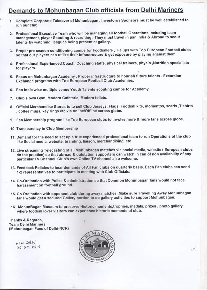 delhi_mariners's tweet photo. 16 points Demands from @delhi_mariners to @Mohun_Bagan Club officials.
#SaveMohunBagan #HokProtibad #WeWantCorporate #WeWantInvestors
#WeWantDevelopment
@bosesrinjoy @SangbadPratidin @MBbengaluru @JRSM_MohunBagan @MumPuneMariners @m_basecamp @NovyKapadia @MBFCPPM @MohunBaganEN https://t.co/kGmaOJZs7d