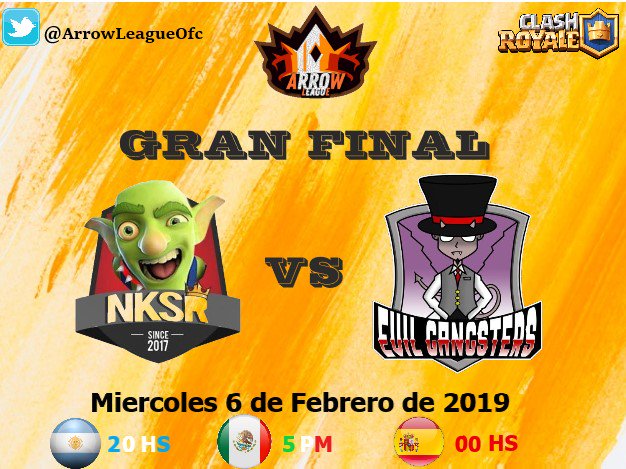 🏹TENEMOS FINAL🏹

Estos dos equipos arrasaron con todos en los brackets y son los finalistas..

🔶<a href="/Nuksasroyale/">Nuksas Royale</a> vs @EvilGangstersMX 

Se enfrentaran por saber quien sera el campeón de esta primera edición de la <a href="/ArrowLeagueOfc/">Arrow League ES</a> ...