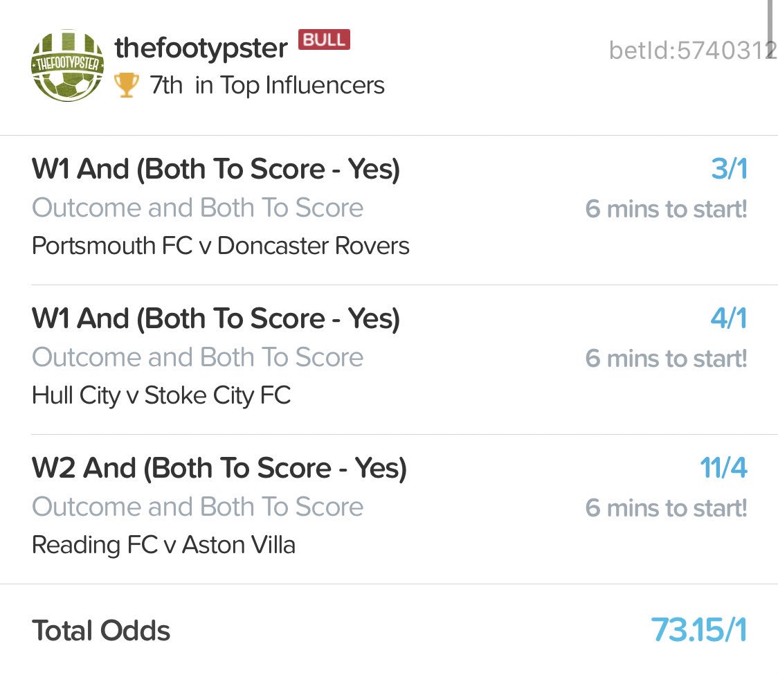 PriceBoost's tweet image. 73/1 WIN + BTTS TREBLE!!!!

🙏🏼🙏🏼🙏🏼

Download Bet Bull &amp;amp; Follow me👇
bit.ly/2LOOF5G