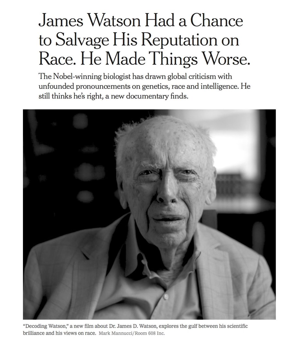 A Decade Ago, James D. Watson, Founder Of Modern Genetics And One Of The Most Influential Scientists Of The 20th Century, Landed In A 'Professional Exile' By Suggesting That Black People Are Intrinsically Less Intelligent Than Whites. https://www.nytimes.com/2019/01/01/science/watson-dna-genetics-race.html?module=inline #QAnon  @potus