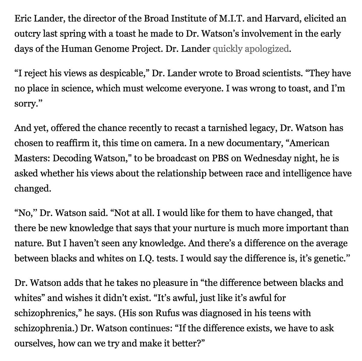 A Decade Ago, James D. Watson, Founder Of Modern Genetics And One Of The Most Influential Scientists Of The 20th Century, Landed In A 'Professional Exile' By Suggesting That Black People Are Intrinsically Less Intelligent Than Whites. https://www.nytimes.com/2019/01/01/science/watson-dna-genetics-race.html?module=inline #QAnon  @potus