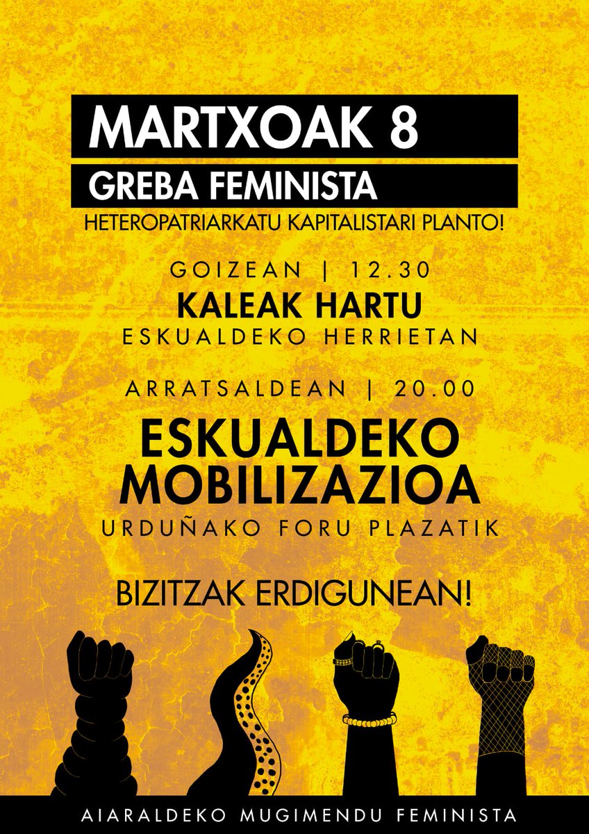 Martxoak 8 greba feminista! Emakumeok* kalera!

➡️ 12:30etan KALEAK HARTU eskualdeko herrietan!
➡️ 20:00etan ESKUALDEKO MOBILIZAZIOA Urduñako Foru Plazatik

Heteropatriarkatu kapitalistari planto! Bizitzak erdigunera!