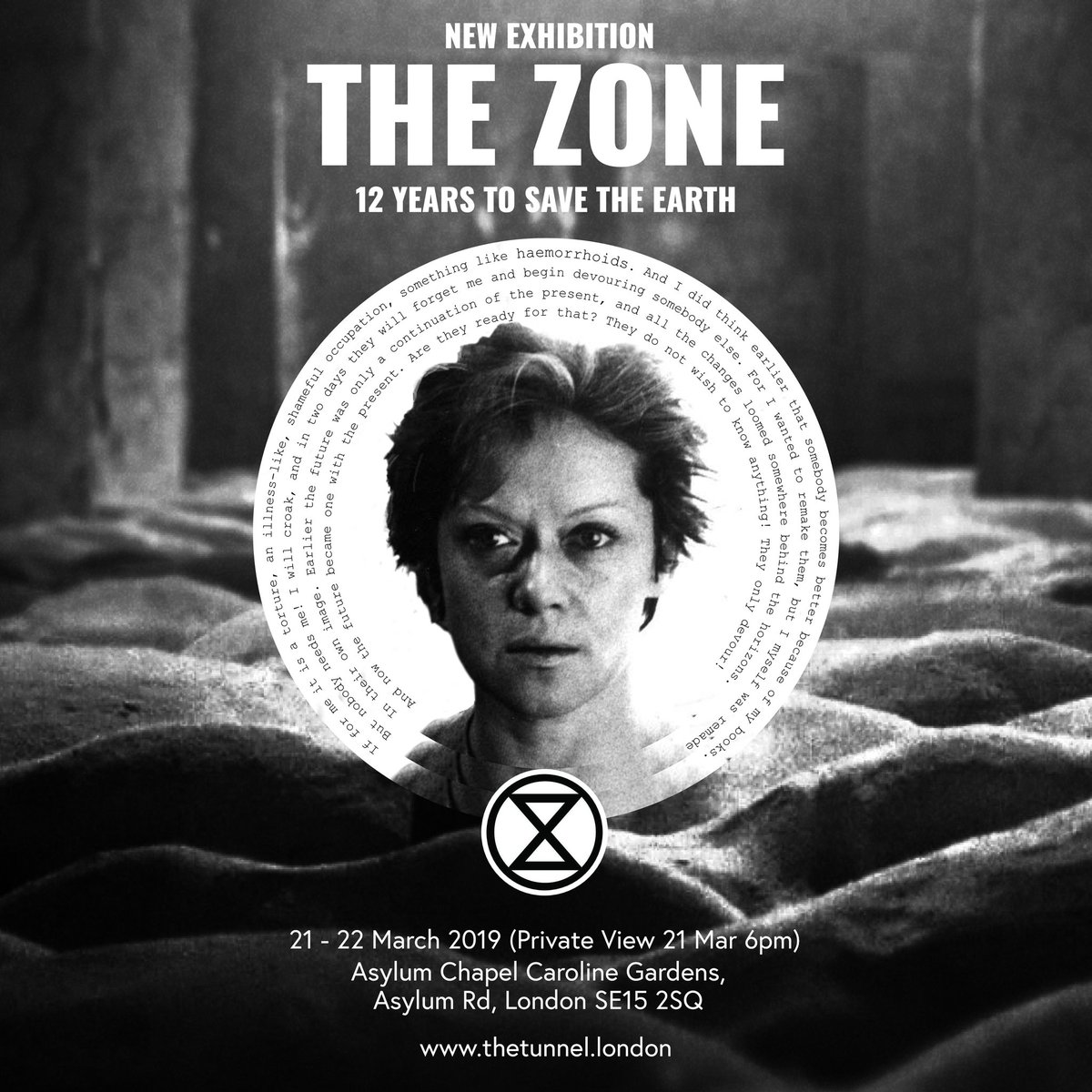 Save the date! Our new show, The Zone, opens on 21st of March at 6pm' at the Asylum Chapel London. We'll have wine, music and discussion of our impact on the environment. #ExtinctionRebellion #extinctionsymbol #londonart