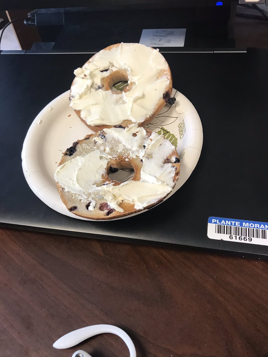 Dwyer31's tweet photo. First meeting of the day went long, but I’m a man of the people. Today’s #bsbotd is a toasted blueberry with plain cream cheese. Easing into busy season. https://t.co/7BNXZu09f3