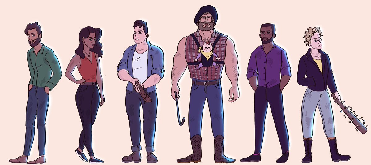 VenusAngry's tweet photo. Did some style practice of me&amp;some friends tabletop rp zombie campaign characters. Left to right: Jackson, Camille, Barb (mine), Geoff, Nathan and Debbie. Geoff is carrying the baby we found along the way who he named Jolene. #characterdesign #ocs #tabletoprpg https://t.co/mGqFB5F04C
