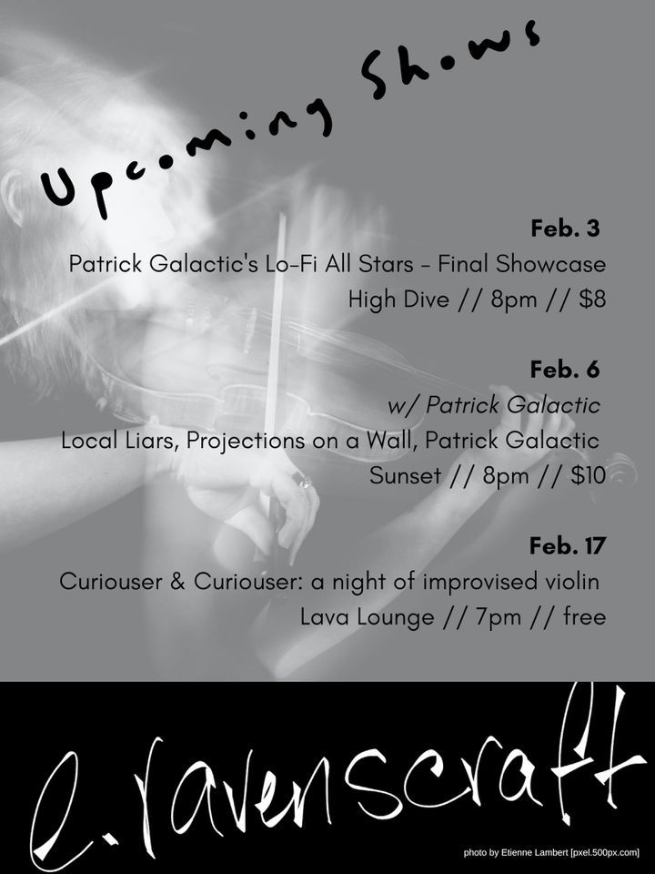 an updated list of possible sightings of a wild e.ravenscraft in february

to stay up to date - follow me on bandsintown - buff.ly/2MJLXws