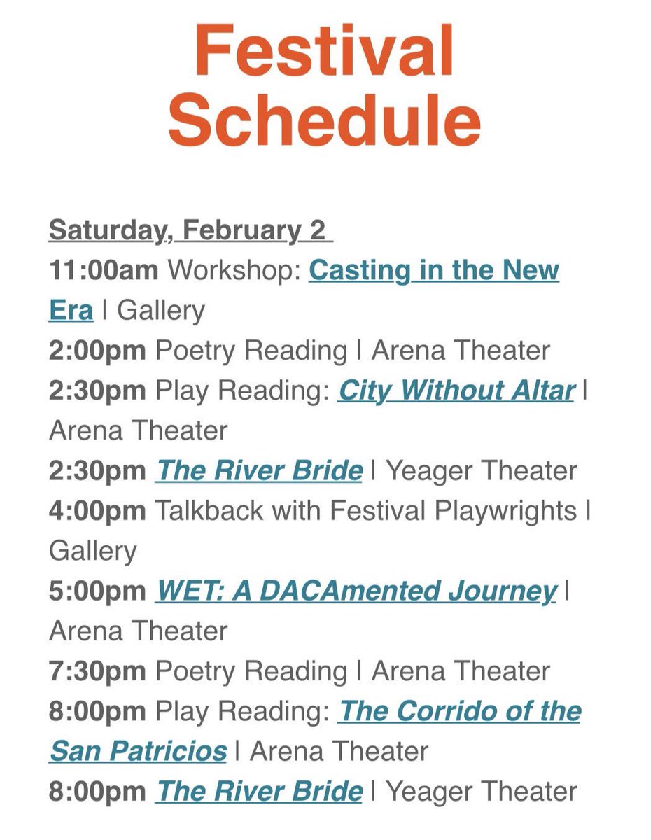 ¡Vengan a celebrar el teatro! Sin Muros Festival Schedule—Feb 2. Come out to @StagesTheatre today! #StagesSinMuros #HouArts #latinxtheatre #FoodTruck #PoetryBuskers #LiveTheatre