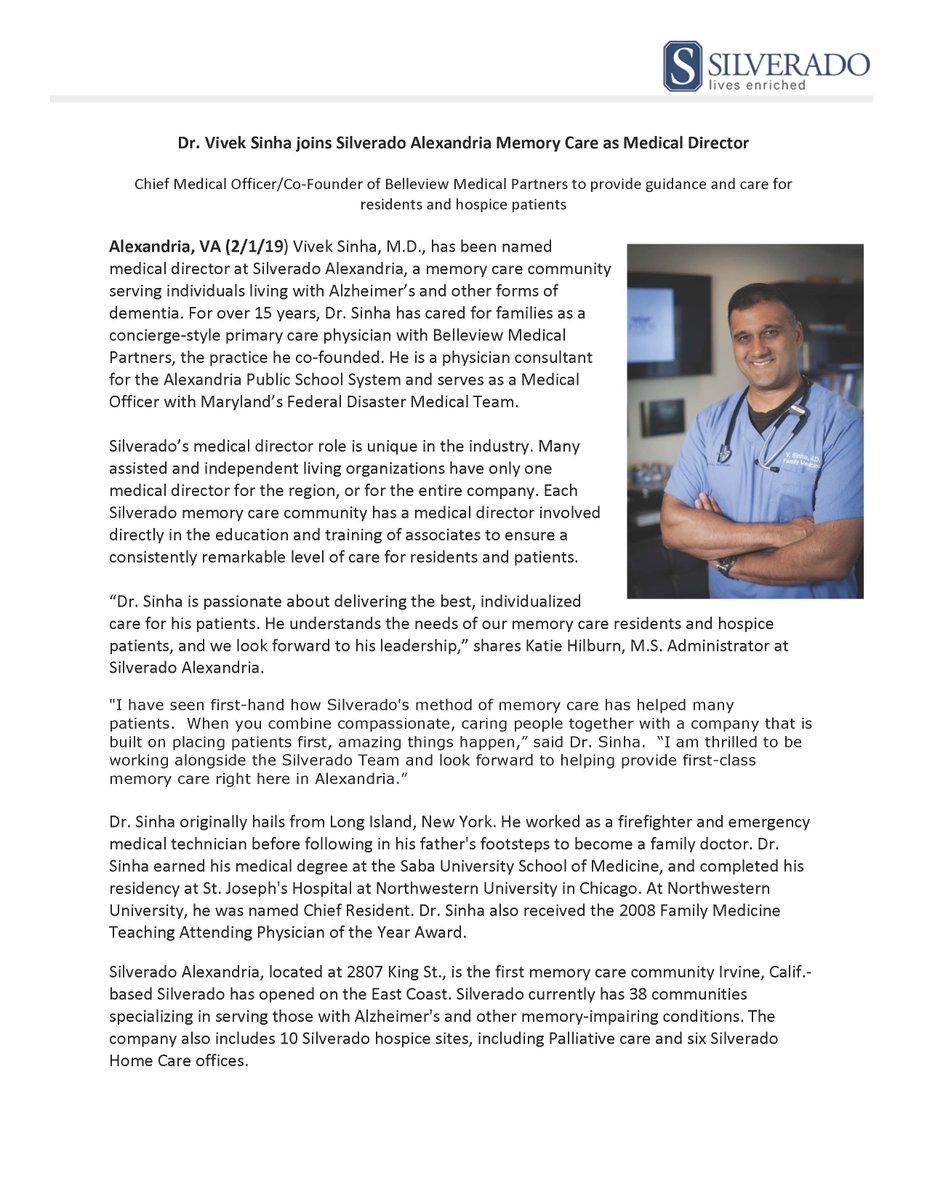 BelleviewMD's tweet photo. Congrats to our very own CMO @VivekSinhaMD for being named as Medical Director of the Silverado Alexandria Memory Care Community.  World Class care in the heart of Alexandria, VA https://t.co/QW1KnPd7SB