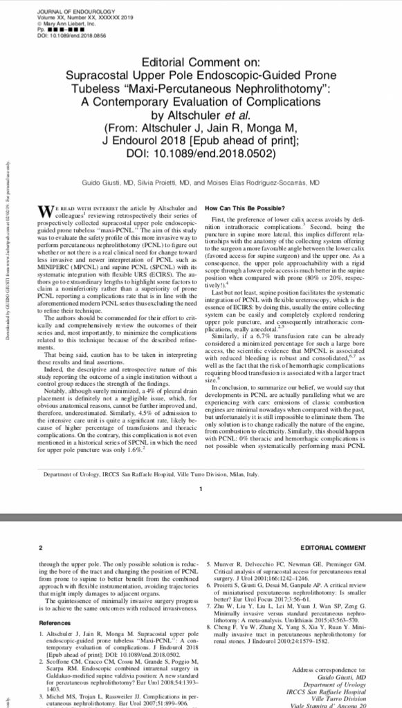 GuidoGiusti's tweet photo. Are U sure that #PRONE #maxi #upperpole #PCNL is the least invasive way to render a patient stone free for medium-big size #renal stones as postulated by @endourologyccf group? Please read my editorial @JEndourology https://t.co/o7CnvKlijU & comment! https://t.co/RG5s4jMnzI