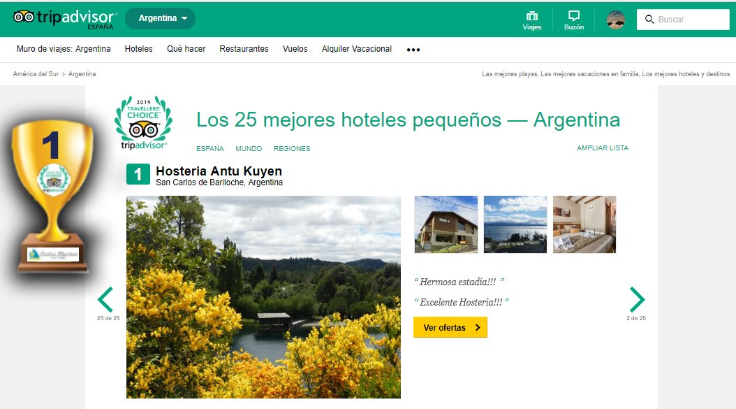 HotelAntuKuyen's tweet photo. 🏆Ganamos el 1º puesto en los premios de #TripAdvisor como el #mejor_hotel_pequeño más popular de #argentina, 🏆el 2º puesto en la categoría #mejor_hotel_pequeño más popular de #america_del_sur. Además 🏆13º lugar como #mejor_hotel_romántico en Argentina. Gracias a todos! https://t.co/d5uiT6s9ZT