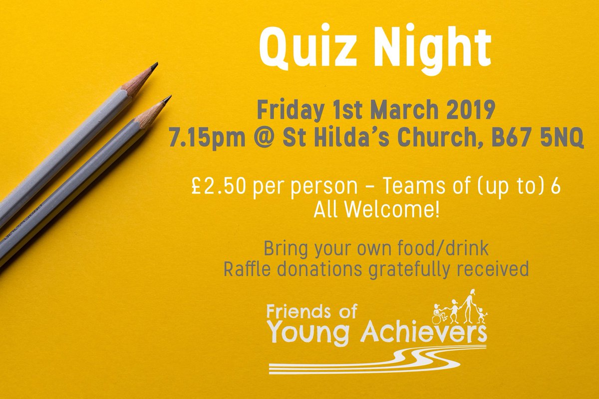 Our first #fundraiser of 2019...

On Friday 1st March we will hold a #QuizNight

7.15pm @ St.Hilda's Church
£2.50pp - teams of (up to) 6

Everyone Welcome! As always - raffle donations are gratefully received, and bring your own food and drink!
