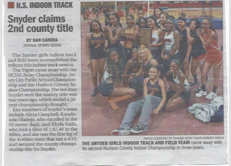 CoachArena13's tweet photo. Thank you to the Jersey Journal for running the story on the success of the Snyder Track Team for this Indoor season!! @SHSTigerNation @JJournalSports @CoachIsaiahT @AliciaACSports https://t.co/mNoSHszdgp