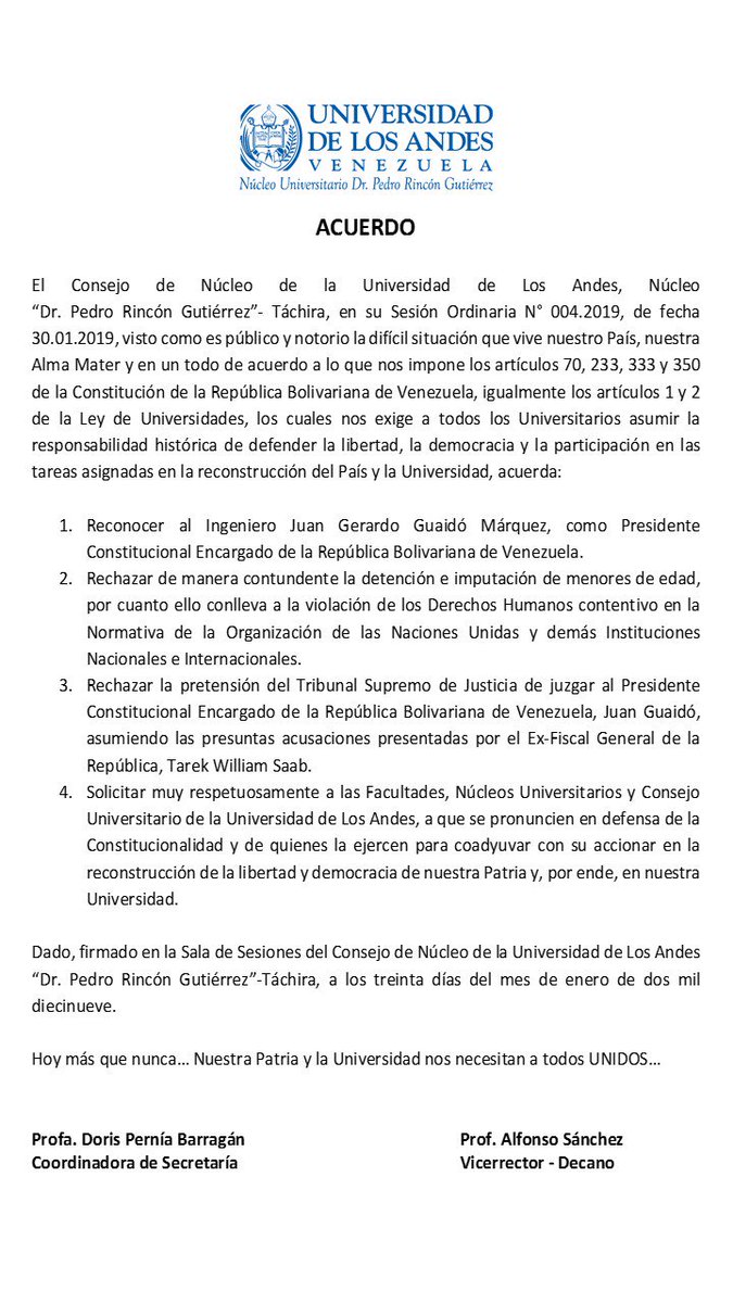Acuerdo del Consejo de Núcleo. 
Universidad de Los Andes Núcleo " Dr. Pedro Rincón Gutiérrez " - Táchira
30.01.2019