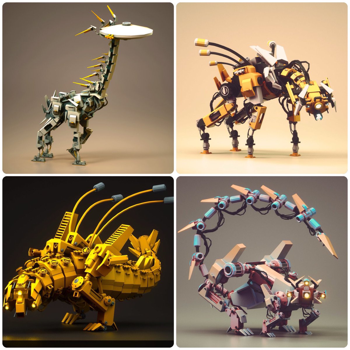 JarlanPerez's tweet image. My current collection of Sentient mechanical blocky creatures inspired  by HorizonZD. They were all modeled in VR using Blocks. 
Which design do you like best?
#ConceptArt #Gamedev #MadeWithBlocks