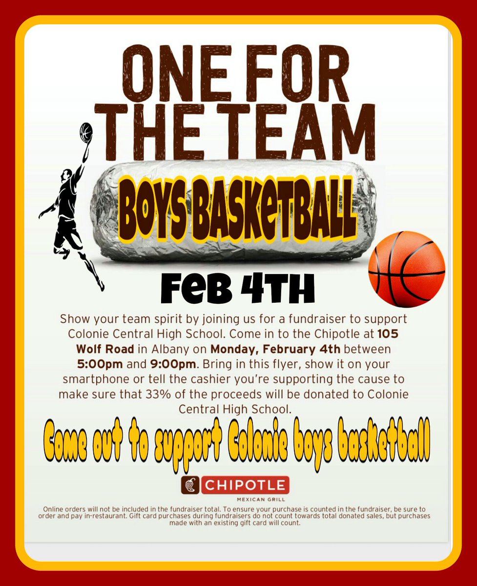 ColonieBooster's tweet photo. Colonie Boys Basketball fundraiser on Monday at Chipotle 🏀. https://t.co/bYvdmkY9m9
