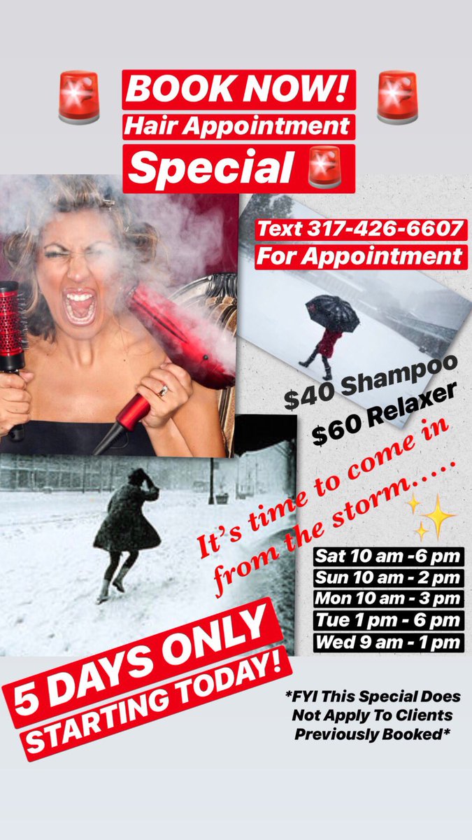 CocoCuffie's tweet photo. BOOK YOUR HAIR APPOINTMENT NOW!
TEXT 317-426-6607
🚨 5 DAY SPECIAL ONLY 🚨
@TriosSalonIndy 
$40 Shampoo  $60 Relaxer 
✨Sat 10 am - 6pm
✨Sun 10am - 2pm
✨Mon 10 am - 3 pm
✨Tue 1 pm - 6 pm
✨Wed 9 am - 1 pm
*FYI This Special Does Not Apply To Clients Previously Booked* https://t.co/nG2rcRBhVh
