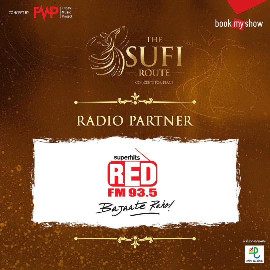 TheSufiRoute's tweet photo. Bajaate Raho! Say hello to our Radio Partner @RedFMIndia ,the coolest radio channel in town. #TheSufiRoute Book at @bookmyshow https://t.co/ZhQvLeeBS3
@bookmyshow  @arrahman @SamiYusuf @SufiSartaaj @dsangari @geetikaganju  @RedFMIndia @tourism_delhi @bookmyshow @ShitalBhatiaFFW https://t.co/x74Rlt5jsD