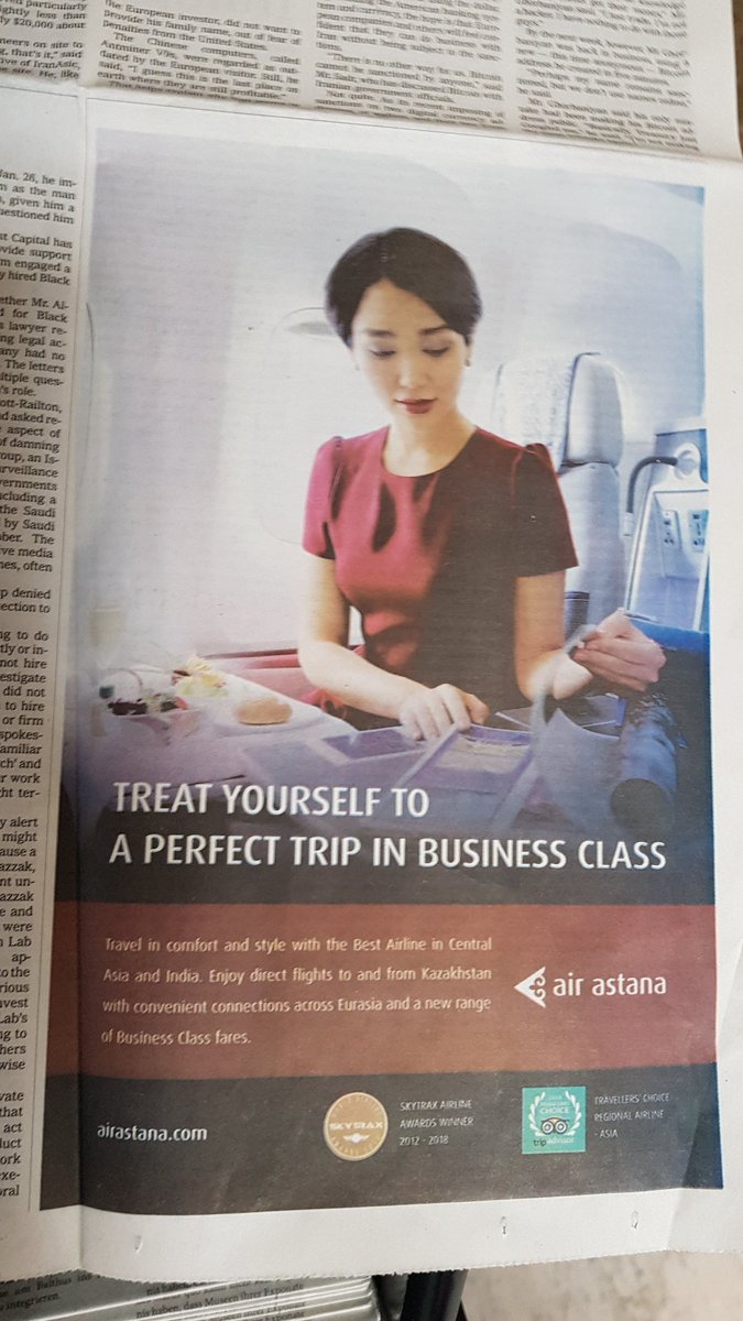 romanvassilenko's tweet image. "Триллионодолларовое нигде" - заголовочек сегодняшней статьи Нью-Йорк Таймс о Хоргосе. Причем на передовице.
И в довесок еще и реклама Air Astana. 
Ничеси и ничеси.