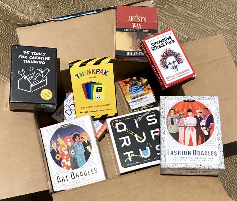 davidgauntlett's tweet photo. Most exciting box ever! My #YourCreativeSelf students have to make creativity cards as their first assignment. They said - have you got any examples? So I ordered a WHOLE BOX OF EXAMPLES and we’re playing with them (er — “evaluating” them) on Tuesday. Yay! https://t.co/NpaaVjjQcl