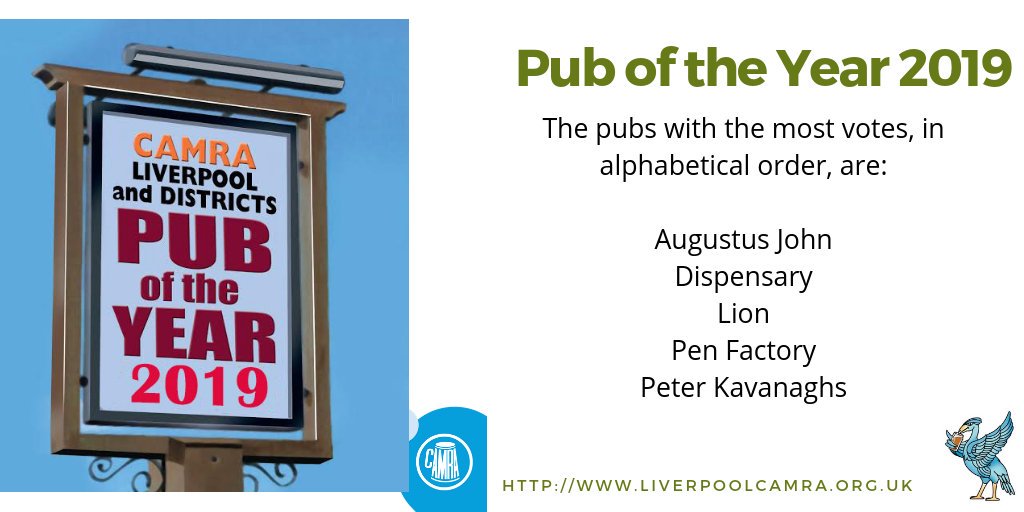Liverpool CAMRA (@liverpoolcamra) on Twitter photo The pubs with the most votes, and are through to the judging process are, <a href="/theAJpub/">The AJ</a> Dispensary <a href="/LionTavern/">The Lion Tavern</a> <a href="/ThePenFactory/">Pen Factory</a> <a href="/peterkavanaghs/">Peter Kavanagh's</a> Congratulations to all. Our Pub of the Year will be announced 17th March. The pubs with the most votes, and are through to the judging process are, <a href="/theAJpub/">The AJ</a> Dispensary <a href="/LionTavern/">The Lion Tavern</a> <a href="/ThePenFactory/">Pen Factory</a> <a href="/peterkavanaghs/">Peter Kavanagh's</a> Congratulations to all. Our Pub of the Year will be announced 17th March.
