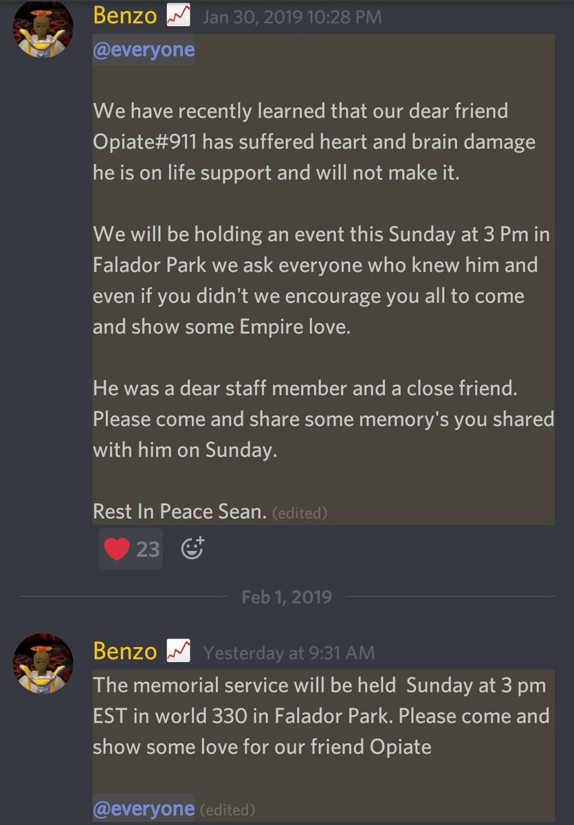 One of my first friends on twitch is on life support and he isnt going to make it. We are having a memorial service for him tomorrow at Fally Park  3pm est. 
Anyone is welcome if you want to come and pay respect.