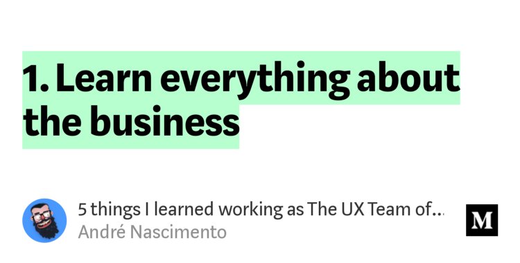 jmspool's tweet photo. It warms my heart that learning the business is André's first piece of advice. All 5 tips are right on.

Important read for UX designers everywhere.

"5 things I learned working as The UX Team of One" - @asn_nascimento
https://t.co/aG7QPbixH5 https://t.co/uPF3gLWIzy