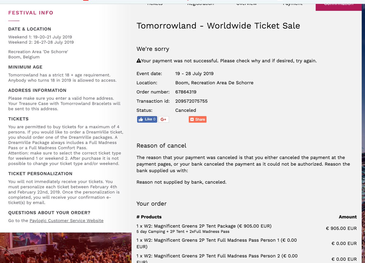 infiniko's tweet photo. @tomorrowland i waited for 40 minutes to get in, and went through the checkout process but the payment process was cancelled for whatever reason :(((((( please help ... my wife and I already bought flights from the US and it's our 1st time. https://t.co/wYKjWYsK9i