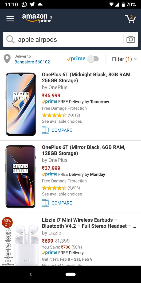 smantena's tweet image. This sort order on @amazonIN defies all logic and sense while the search works perfectly fine on US site. It requires at least 10 scrolls to find the original one. 

#TerribleUX #Product
