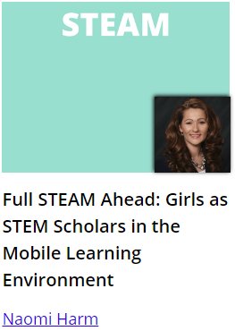 SimpleK12's tweet photo. “Full STEAM Ahead: Girls as STEM Scholars in the Mobile Learning Environment” with @naomiharm starting now! https://t.co/vOLVY1CzSU #sk12 https://t.co/fVZ0PCazS8