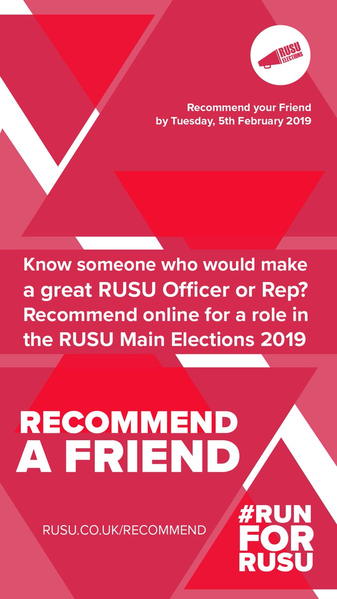 RUSUacademicrep's tweet image. Don’t want to run for a position but know a friend that would be perfect for it? Then don’t hesitate and #RecommendAFriend 

rusu.co.uk/elections/rusu… 

#RUN4RUSU