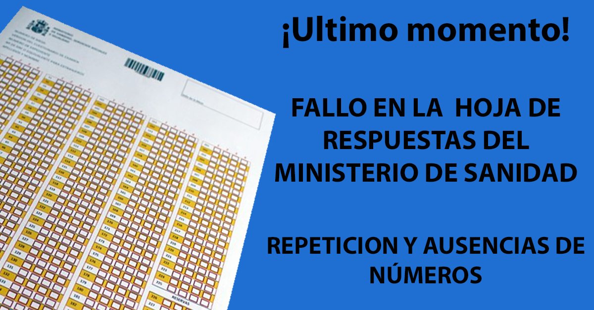 CTOMedicinaES's tweet photo. Atención

Error en la enumeración de la hoja del respuestas de los examenes de las distintas especialidades.

Es por esta situación que por parte del Ministerio de Sanidad se ha tomado la decisión de prorrogar 15 minutos más de su hora de finalización habitual dichos examenes https://t.co/KdRCdLCJO6