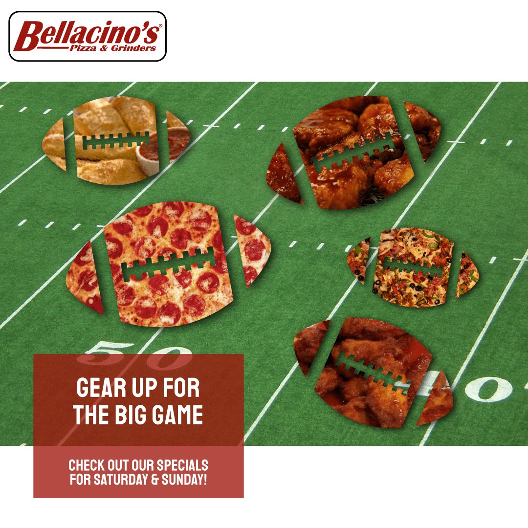 Get ready for the big game on Sunday!
🍗 50¢ wings!- Regular or Boneless increments of 6, 12 or 20
🍕 Big Game Value Pack-Two 14"-1 item Pizzas &amp; two orders of Garlic Cheese Bread just $24.99!
😋 Offers good (2/2/19) &amp; (2/3/19). Dine in or Carry out only. See store for details.
