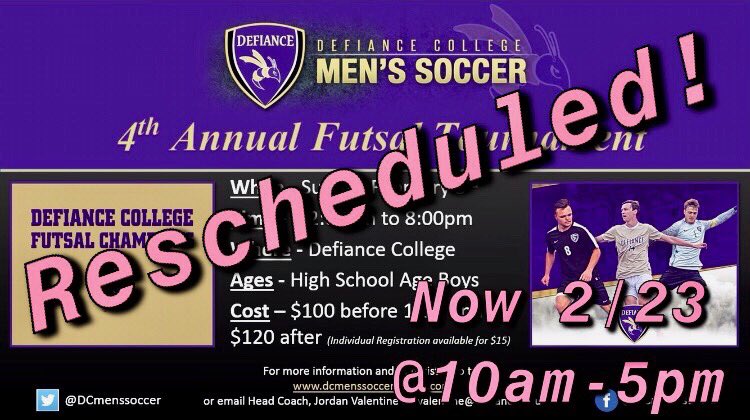 DefiCollegeMSOC's tweet photo. 🚨 RESCHEDULED 🚨

The 4th Annual #DCMS Futsal Tournament will now take place now on Saturday, February 23rd. 

Sign up now at: https://t.co/0Yoi1gArIt https://t.co/4rIAQB3igt