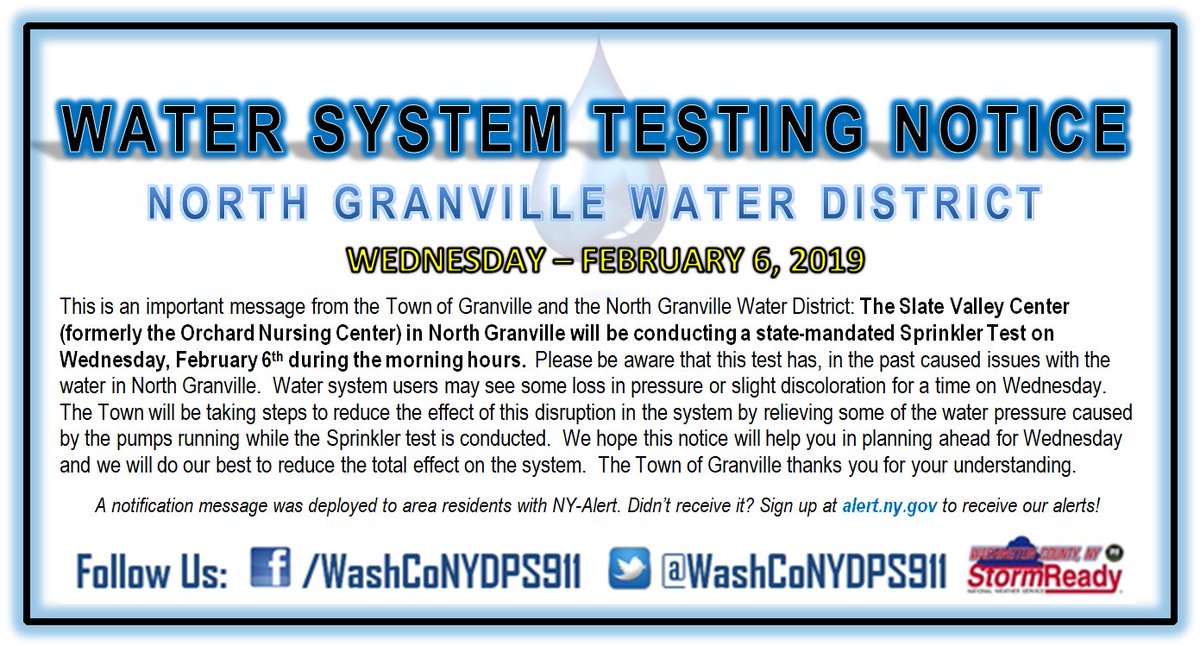 WashCoNYPubSafe's tweet image. NORTH GRANVILLE WATER SYSTEM TESTING NOTICE: WEDNESDAY, 02/06/2019 AM HRS

#washingtoncountyny #communitynotifications #stayinformed #signup