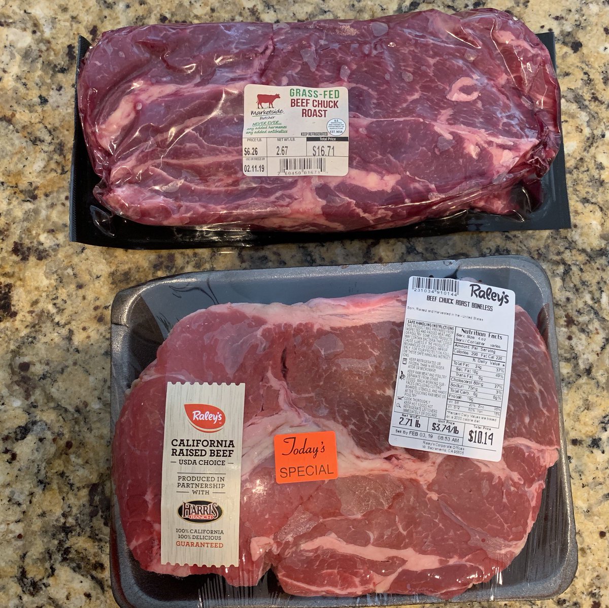 Chuck Roast showdown grass fed vs. grain fed.  To keep things fair I only seasoned with sea salt.