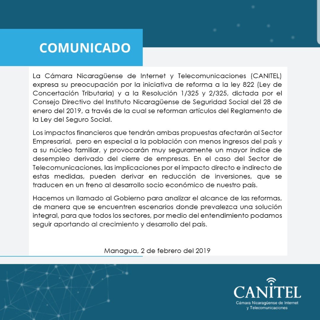 canitel2016's tweet photo. Compartimos nuestra preocupación por la iniciativa de reforma a la ley 822 (Ley de Concertación Tributaria) y la resolución del Consejo Directivo del Instituto Nicaragüenses de Seguridad Social #Canitel #Nicaragua https://t.co/gNYrlleiI4