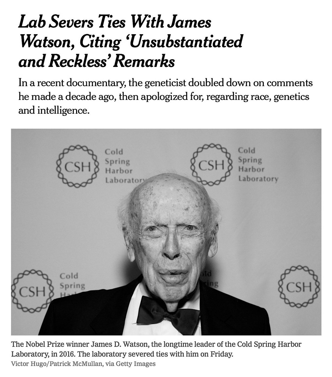 Cold Spring Harbor Laboratory Revoked Honorary Titles And Severed Ties With James D. Watson For His Comments Suggesting Black People Are Intrinsically Less Intelligent Than Whites.Cold Spring Harbor Felt Exposed, And Retaliated. https://www.nytimes.com/2019/01/11/science/watson-dna-genetics.html #QAnon  #Genetics  @potus