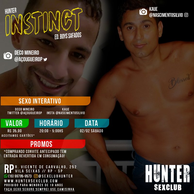 huntersexclub's tweet photo. Hunter Instinct
Ed. Boys Safados
Sex Interativo com:
🍆 Kaue
Instagram @nascimentosilvio
🍆 Deco Mineiro
Twitter
@açougueirop
👁🗨 Dia 2/2 Sábado
🕒 20:00 - 5:00hs
💲 35,00
〽Compra antecipada revertido em consumação
#hunterinstinct https://t.co/72bE6ScH7z