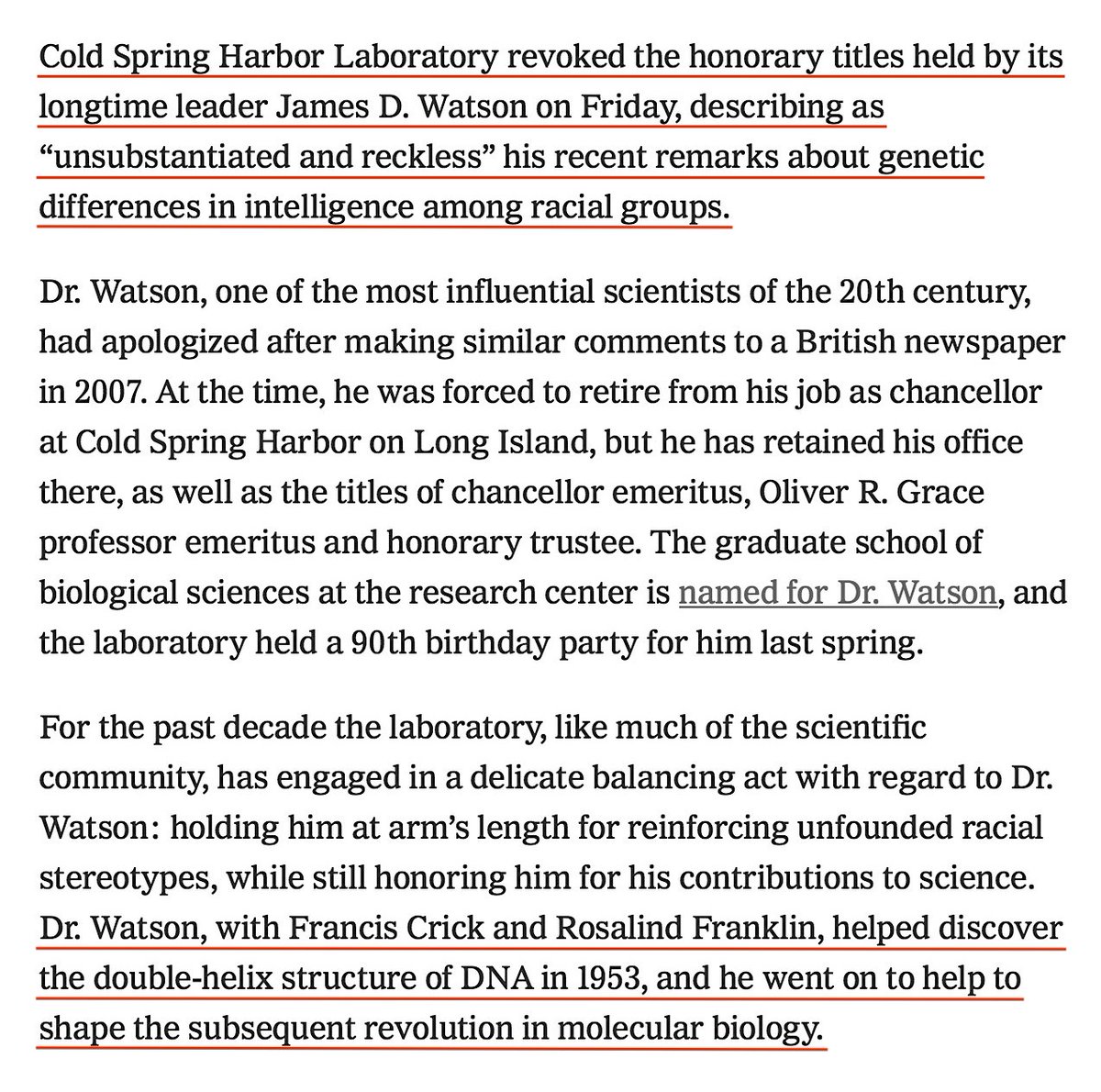 Cold Spring Harbor Laboratory Revoked Honorary Titles And Severed Ties With James D. Watson For His Comments Suggesting Black People Are Intrinsically Less Intelligent Than Whites.Cold Spring Harbor Felt Exposed, And Retaliated. https://www.nytimes.com/2019/01/11/science/watson-dna-genetics.html #QAnon  #Genetics  @potus