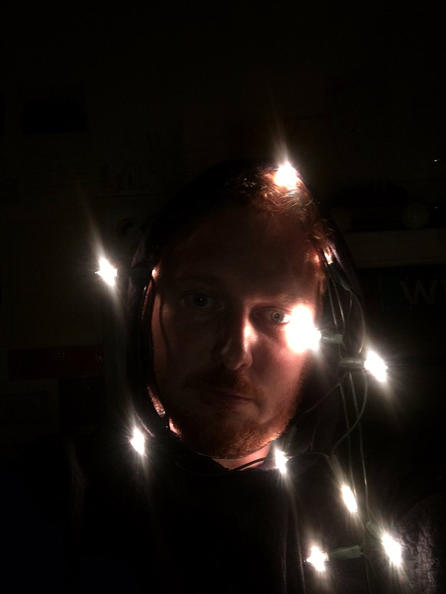 Thomas_Aldridge's tweet photo. Jamie Ballard and I have fairy lights up in our dressing room. It’s meant to make it nice & calm but instead I chose to use them to make a @bbcluther reference for @Northerner82 #anyexcuse #neckburn #needmakeup https://t.co/SHCiurNk14
