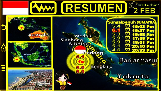 elluchin1's tweet photo. 🇨🇱➡Resumen de #Sismos 
del #2Feb en #Sungaipenuh #Palau #PagaiSelatan
🔶6.1⚡⏱16:27 Pm H/🇮🇩 Prof 🔰18 Kms
🔶5.9⚡⏱17:59 Pm H/🇮🇩 
🔶5.9⚡⏱18:01 Pm H/🇮🇩 
#Sismo #FelizSabado #Temblor
#PalauPagaiSelatan
#JalanSehatBersamaPrabowo  
#NombrePerfectoDeMascota
#Tamales https://t.co/YgOzccGJkl