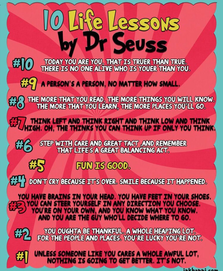 aweninspiration's tweet photo. So many life lessons from children’s authors that we forget along the way. Dr Seuss had it right all along. @heARTISTatWORK @kcasw1 @mkolligris @PMcPeake1 @tracyscottkelly @fablefy @DrMaxineWalters @mraspinall @Greg_Moffitt @BiscottiNicole https://t.co/dAsUX5ergT