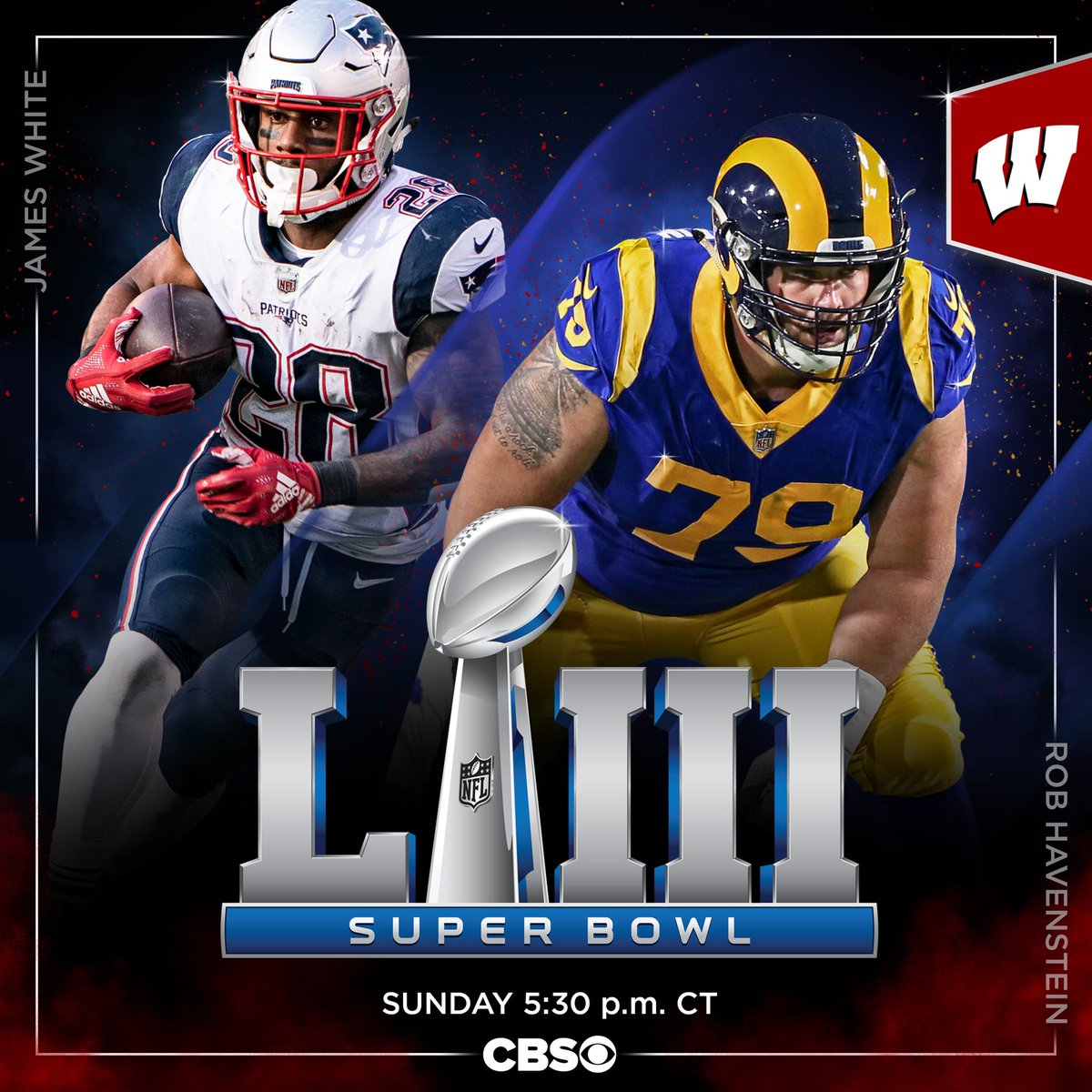 Super Bowl Sunday is a day away Good luck to @SweetFeet_White and @robhavenstein78 in #SBLIII #OnWisconsin // #Badgers