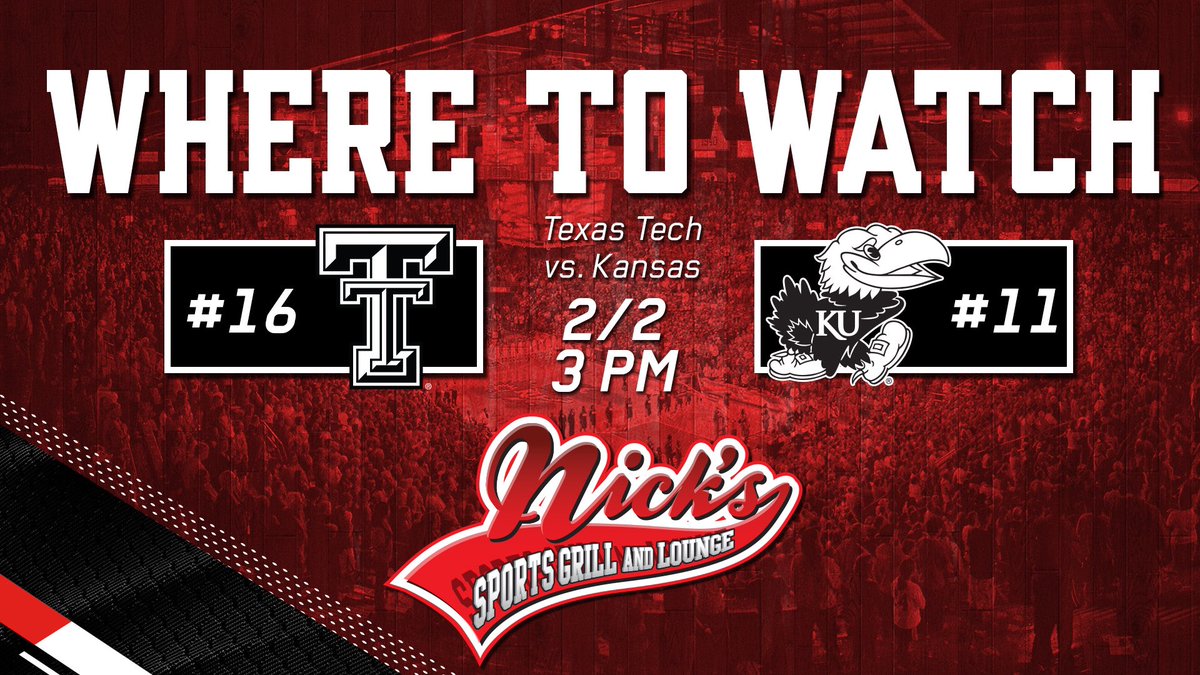 TechAthletics's tweet photo. Looking for a place to watch @TexasTechMBB this afternoon? Head to either @bar_nicks or @4OREgolf to cheer on the Red Raiders!

🔴#WreckEm⚫️ https://t.co/CxsifNMiEj