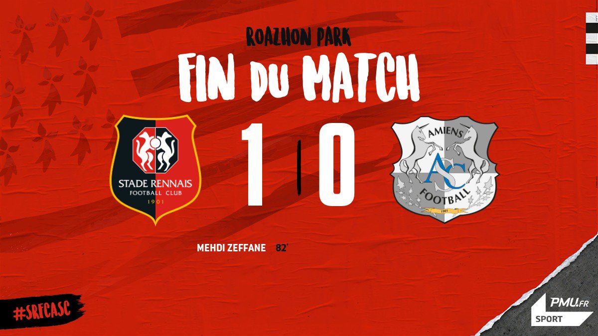 [<a href="/Ligue1Conforama/">Ligue 1 Uber Eats</a>] 

Février débute par un succès ! Dominateurs, les Rennais s'imposent sur le plus petit des écarts face à Amiens. But rennais inscrit à la 82e minute par l'international algérien Mehdi Zeffane (1-0) 
---
#AllezRennes - #ToutDonner ✊🔴⚫